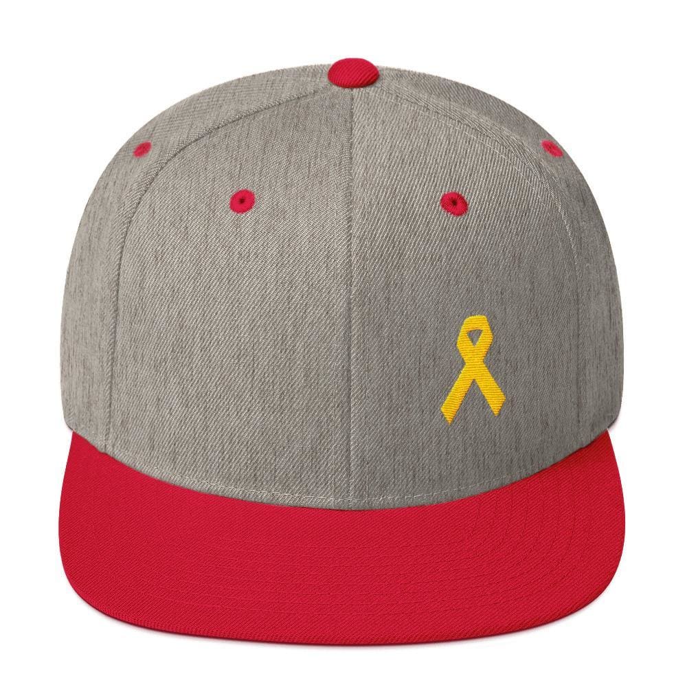 Yellow Awareness Ribbon Flat Brim Snapback Hat for Sarcoma Suicide Prevention & Military Causes - One-size / Heather Grey/ Red - Hats