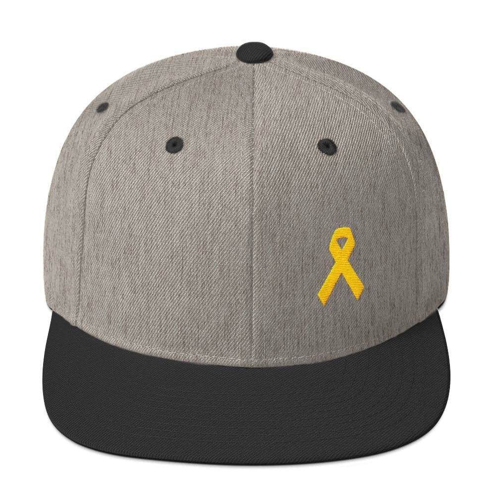 
            
                Load image into Gallery viewer, Yellow Awareness Ribbon Flat Brim Snapback Hat for Sarcoma Suicide Prevention &amp;amp; Military Causes - One-size / Heather/Black - Hats
            
        