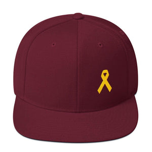 Yellow Awareness Ribbon Flat Brim Snapback Hat for Sarcoma Suicide Prevention & Military Causes - One-size / Maroon - Hats