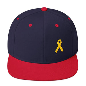 Yellow Awareness Ribbon Flat Brim Snapback Hat for Sarcoma Suicide Prevention & Military Causes - One-size / Navy/ Red - Hats