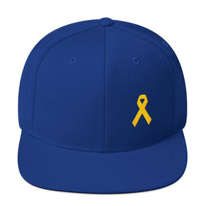 
            
                Load image into Gallery viewer, Yellow Awareness Ribbon Flat Brim Snapback Hat for Sarcoma Suicide Prevention &amp;amp; Military Causes - One-size / Royal Blue - Hats
            
        