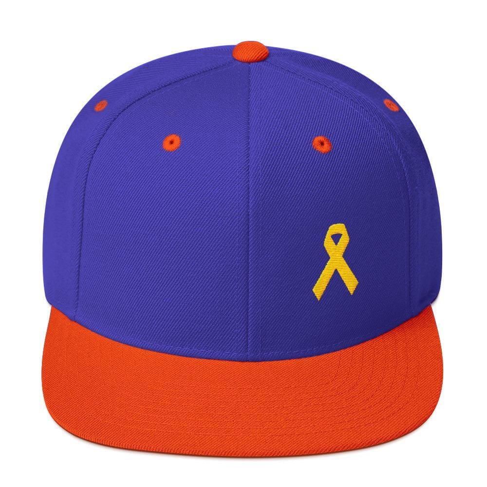 
            
                Load image into Gallery viewer, Yellow Awareness Ribbon Flat Brim Snapback Hat for Sarcoma Suicide Prevention &amp;amp; Military Causes - One-size / Royal/ Orange - Hats
            
        