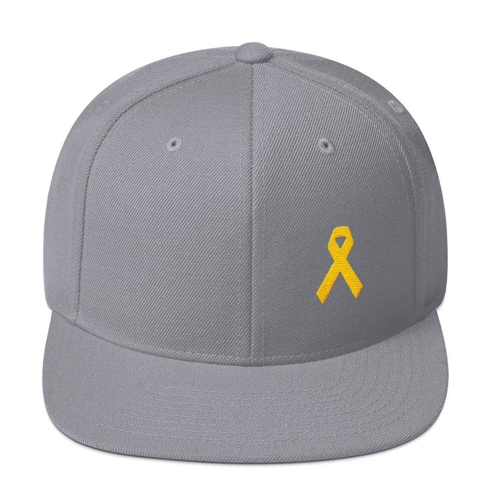 Yellow Awareness Ribbon Flat Brim Snapback Hat for Sarcoma Suicide Prevention & Military Causes - One-size / Silver - Hats