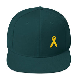 Yellow Awareness Ribbon Flat Brim Snapback Hat for Sarcoma Suicide Prevention & Military Causes - One-size / Spruce - Hats