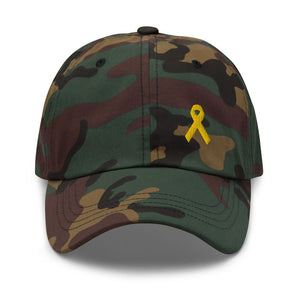 Yellow Ribbon Awareness Dad Hat for Sarcoma Suicide Prevention & Military Causes - Green Camo
