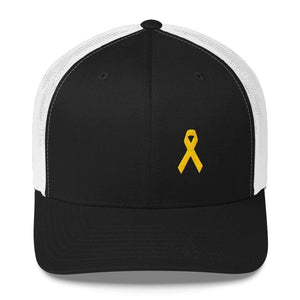 Yellow Ribbon Snapback Trucker Hat for Sarcoma Awareness Military Causes and Suicide Prevention - One-size / Black/ White - Hats