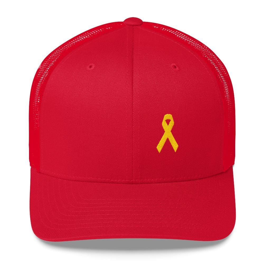 
            
                Load image into Gallery viewer, Yellow Ribbon Snapback Trucker Hat for Sarcoma Awareness Military Causes and Suicide Prevention - One-size / Red - Hats
            
        