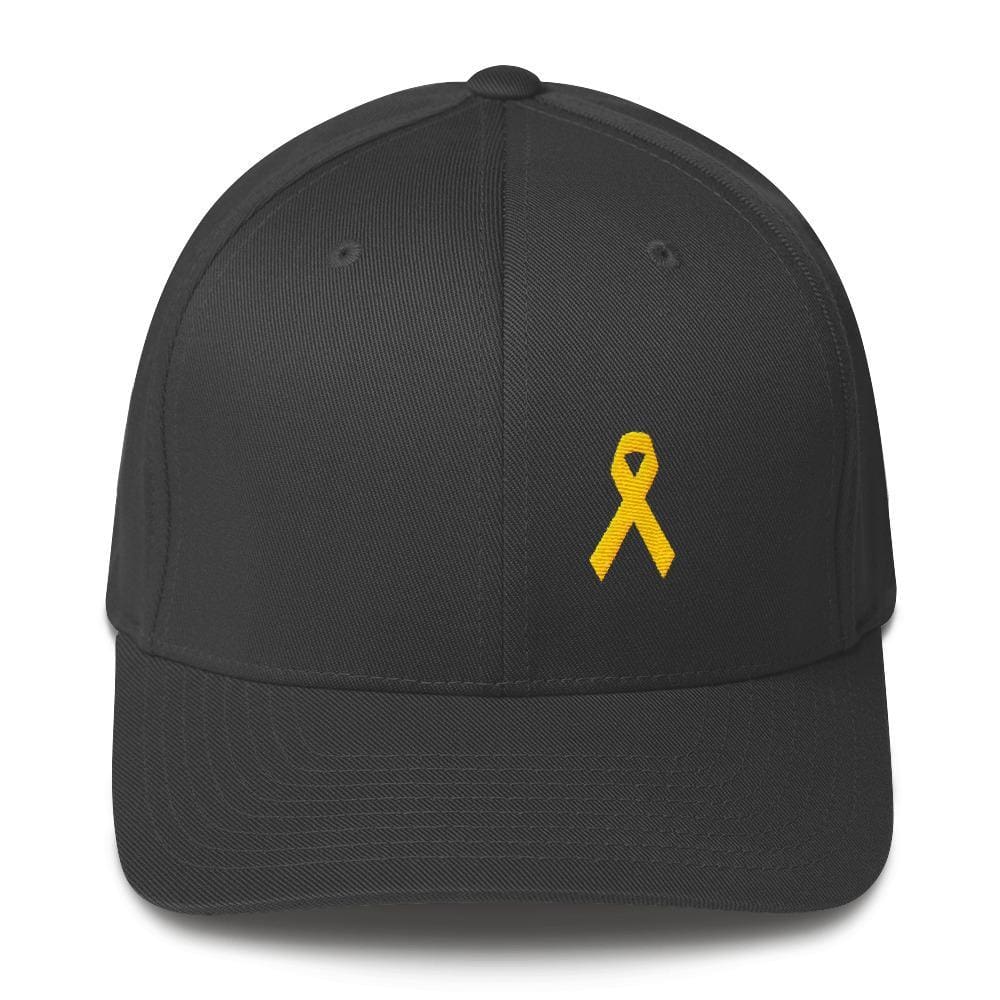 Yellow Ribbon Twill Flexfit Fitted Hat For Sarcoma Awareness Military Causes And Suicide Prevention - S/m / Dark Grey - Hats