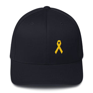 
            
                Load image into Gallery viewer, Yellow Ribbon Twill Flexfit Fitted Hat For Sarcoma Awareness Military Causes And Suicide Prevention - S/m / Dark Navy - Hats
            
        